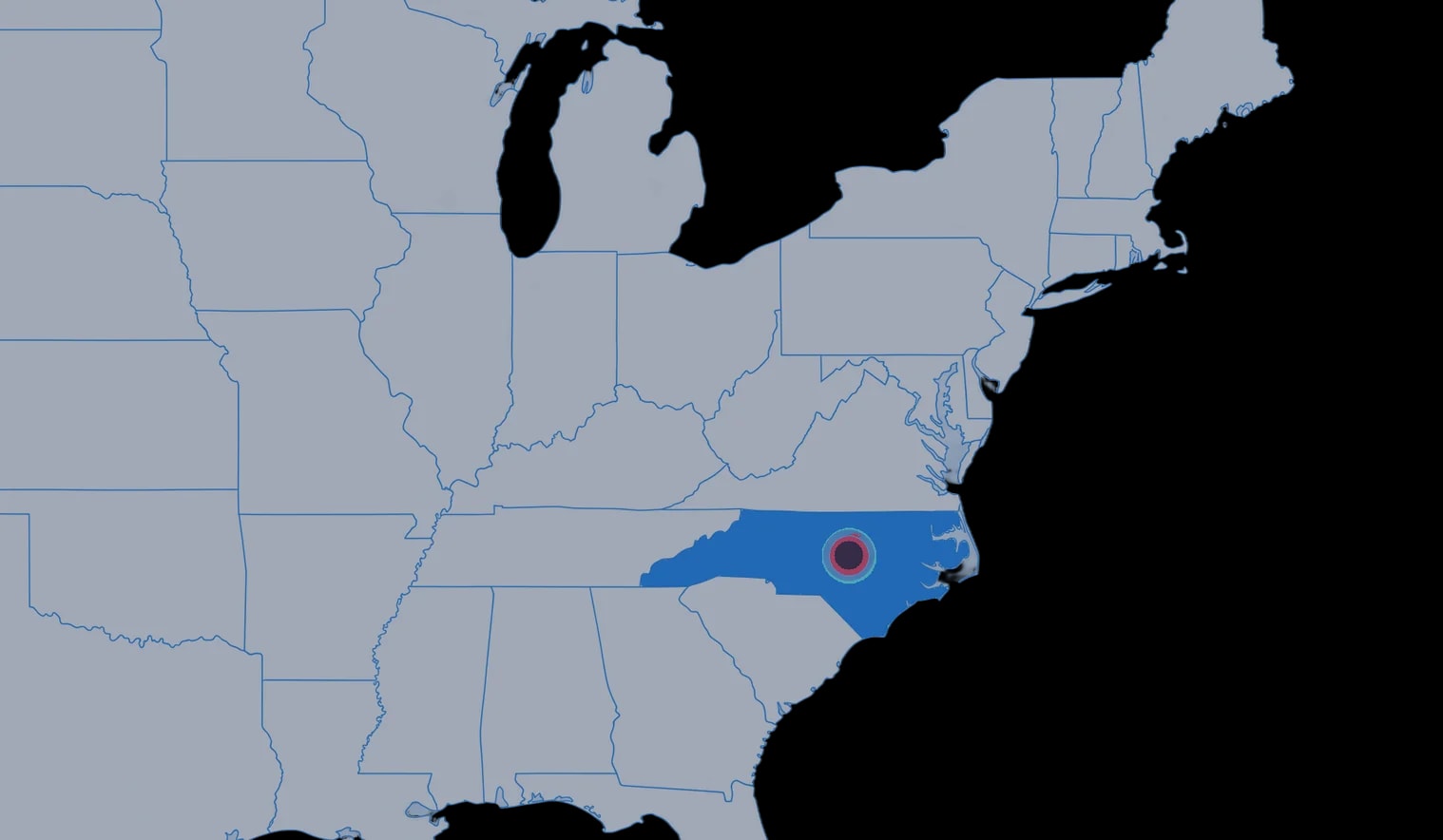 Map of the eastern United States with Burlington, North Carolina marked