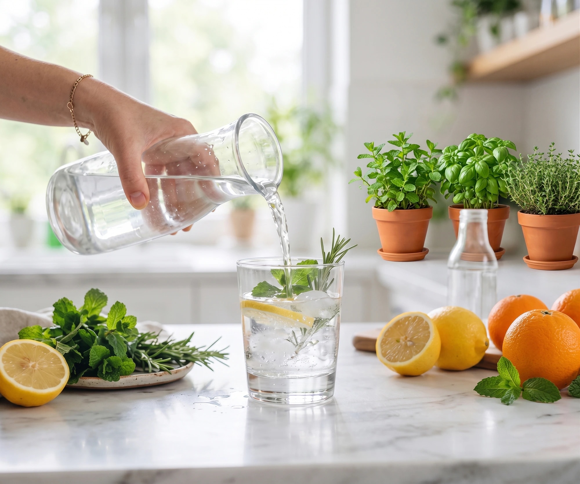 Pouring infused water beside fresh fruit and herbs