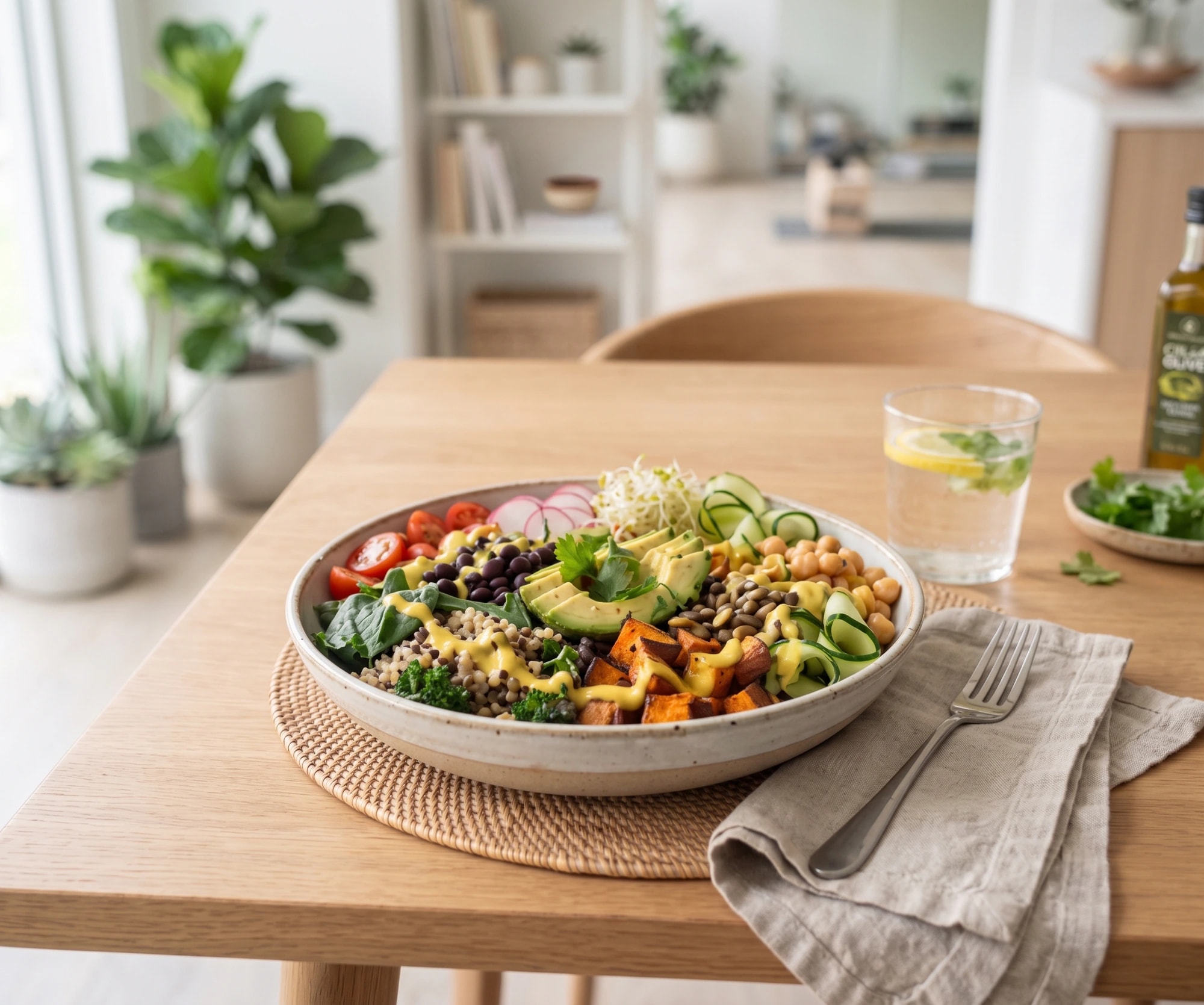 A colorful whole-food grain bowl on a table