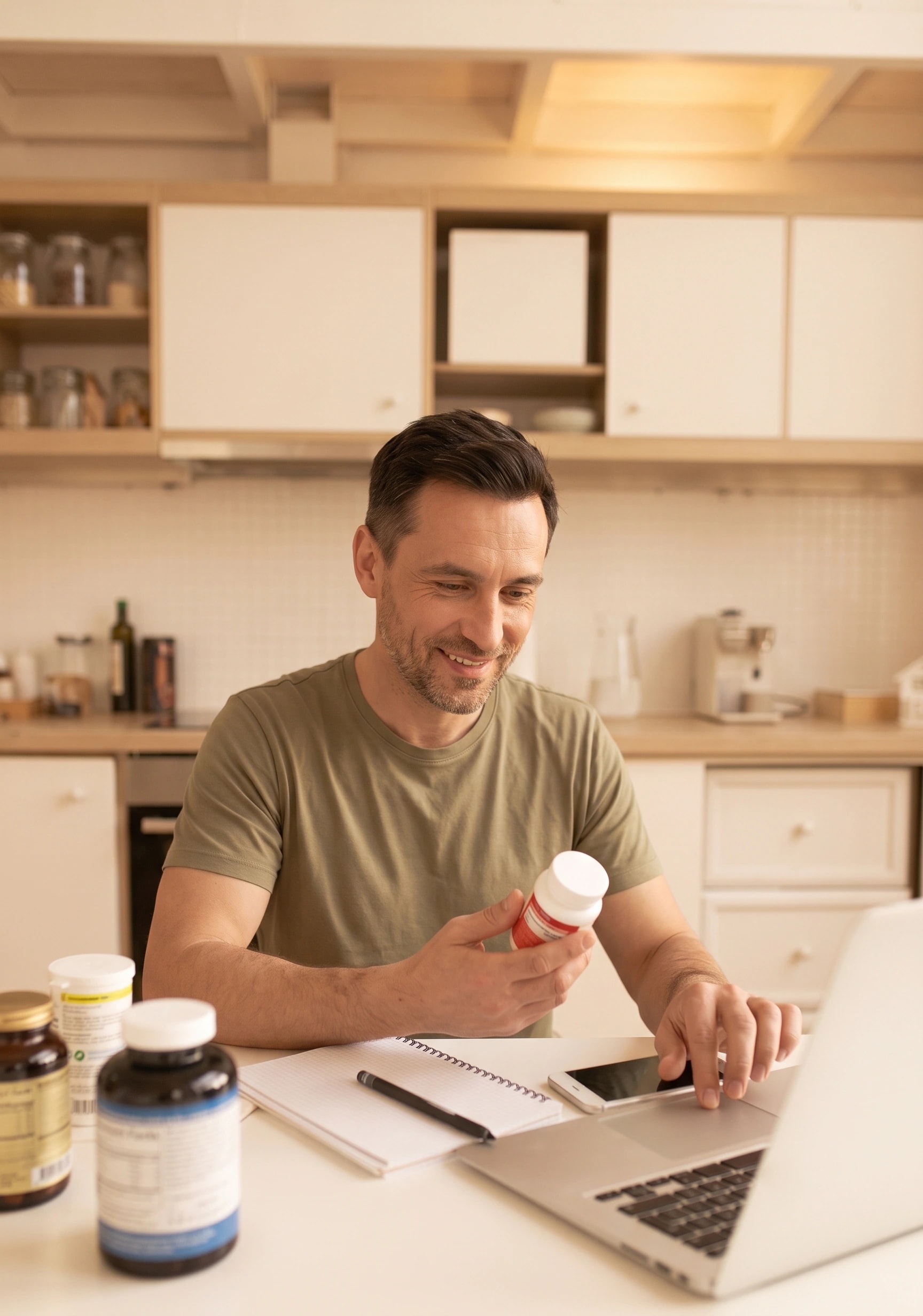 A man reading a supplement bottle label in his kitchen